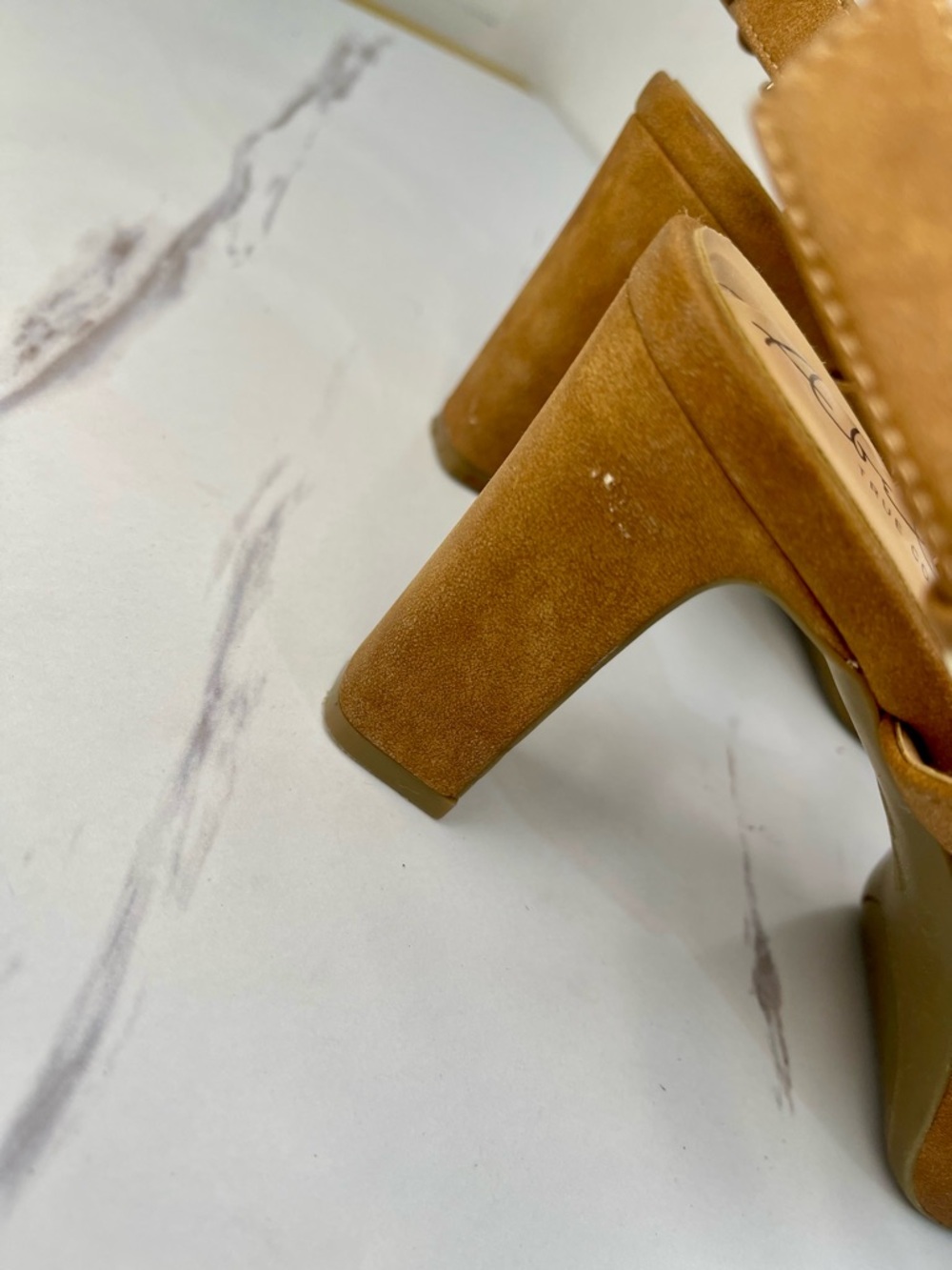 Abella Suede Crisscross Platform Block Heels Sandals in Camel Brown Size 7M - Picture 9 of 9